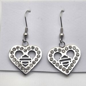 🟢3/$19🟢 Harley Davidson Style BIKER Steel Silver Crystal Heart Dangle Earrings
